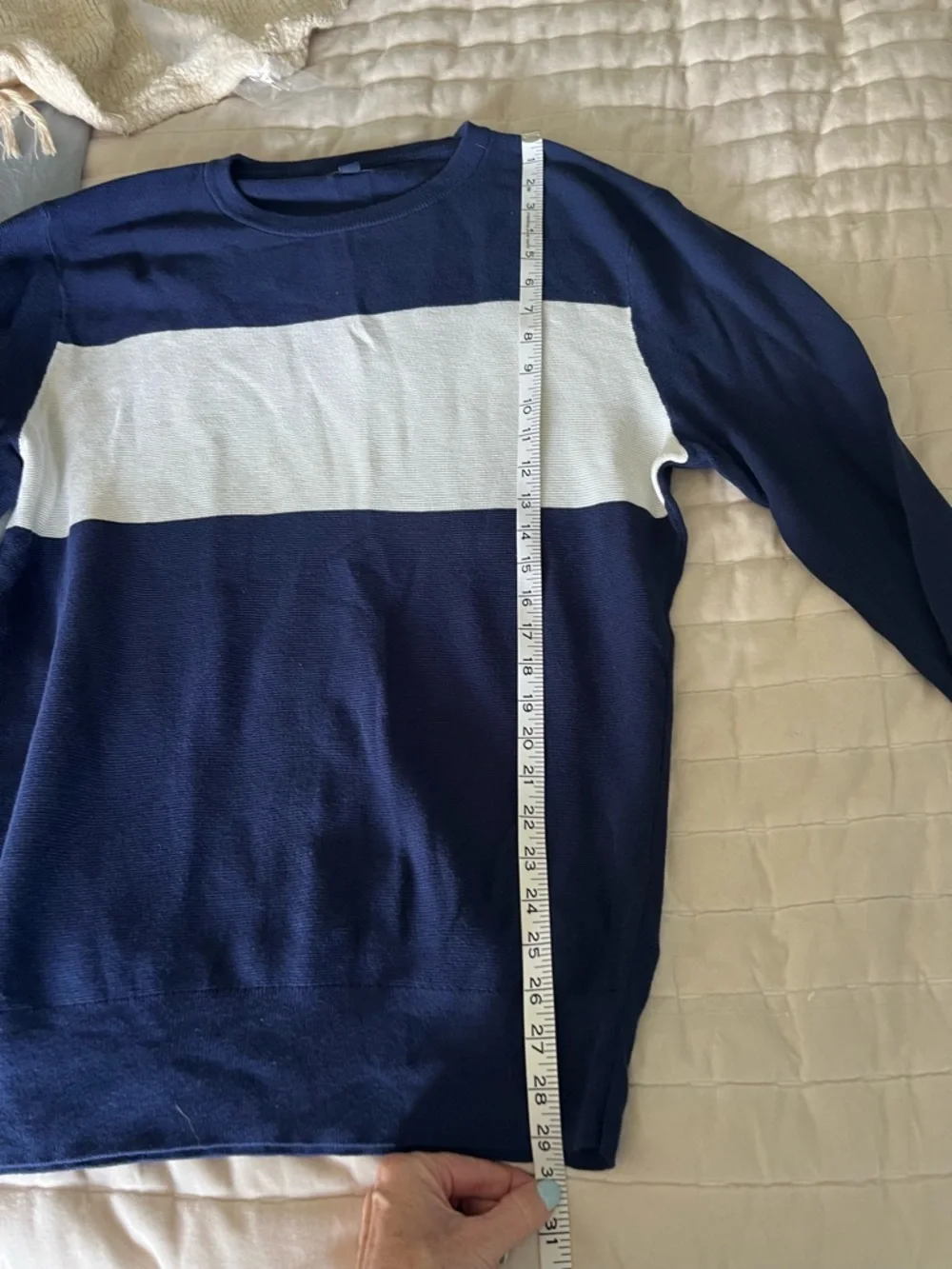 J. Crew Navy Crewneck Sweater with White Chest Stripe 100% Cotton Men L